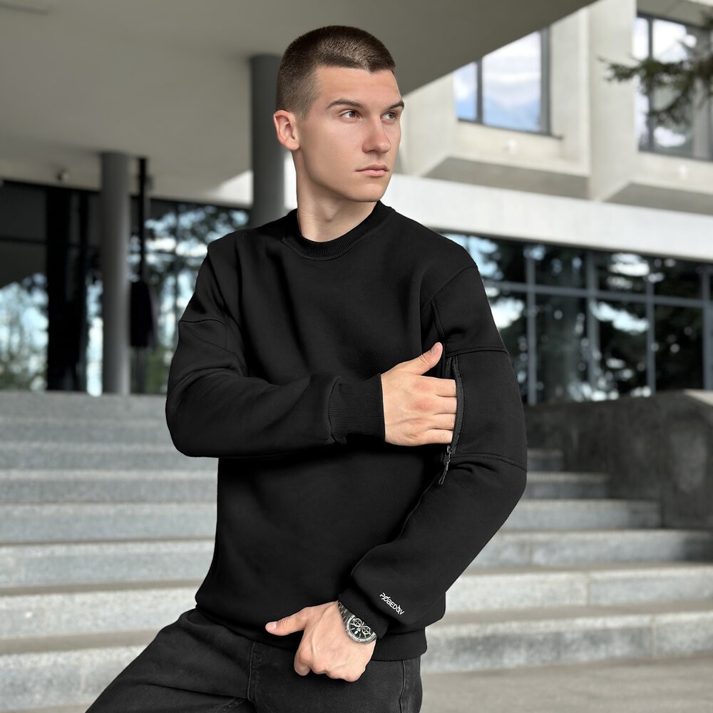 Світшот чоловічий зимовий однотонний чорний Pobedov Apex