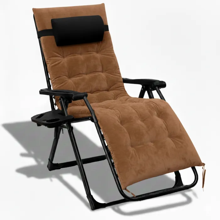 Розкладний посилений шезлонг до 150 кг LEOBRO Zero Gravity Premium Plus Brown з велюровим матрацом (LB-ZGC-K3-BRN)