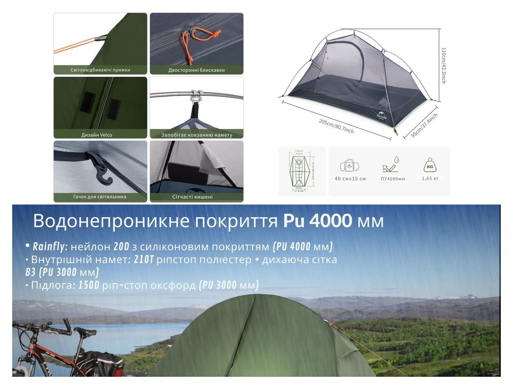 Намет надлегкий одномісний  з футпринтом Naturehike Cycling 1 NH18A095-D, 210T, темний зелений, укр, укр