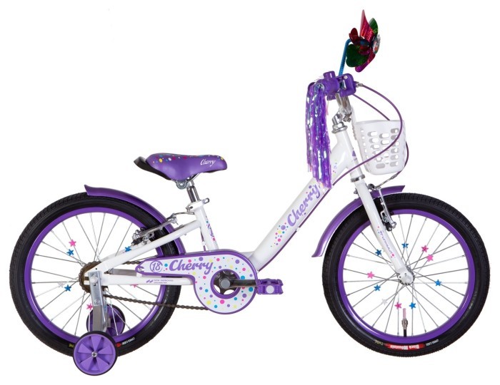 Велосипед ST 18" Formula CHERRY Vbr рама-9" белый с сиреневым 2024 крылья, колокольчик, корзина