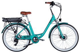 Велосипед с электроприводом 26" AL Dorozhnik eRUBY DD FR рама-17" 48B 12.5А*ч 500Вт бирюзовый YS 2260 2025 крылья, крыло пер., крыло зад., подножка