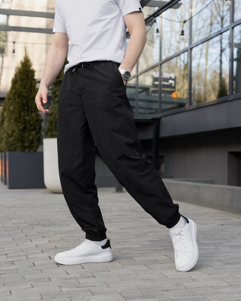 Чоловічі штани джогери з плащівки чорні Pobedov Ground