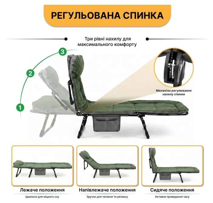 Розкладне ліжко (розкладачка) з вбудованим матрацом LEOBRO Green (LB-FB-M1-GRN)