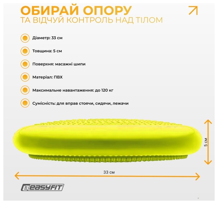 Балансировочная массажная подушка EasyFit желтая.