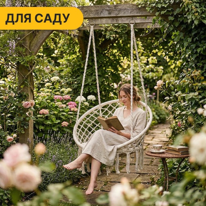Подвесное плетеное кресло-качалка LEOBRO Boho XL 80 см Cream (LB-1103)