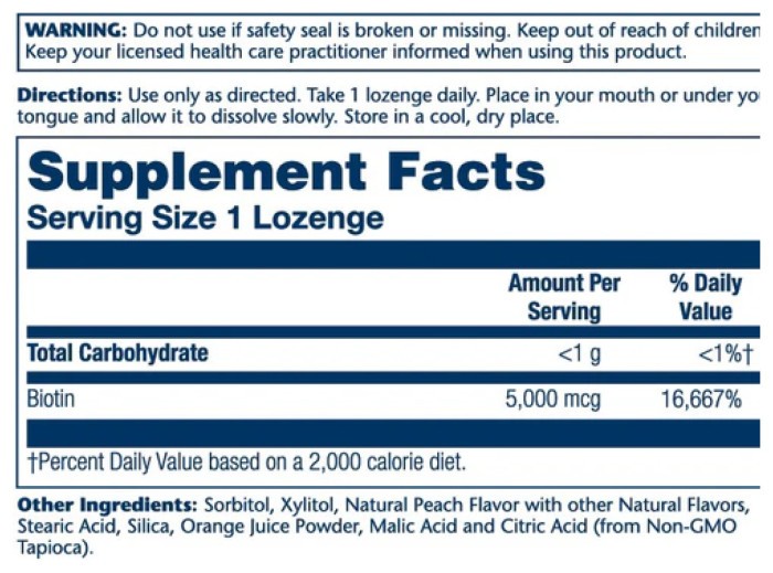 Biotin 5000mcg - 60 Lozenges Natural Peach, Strawberry, Банана