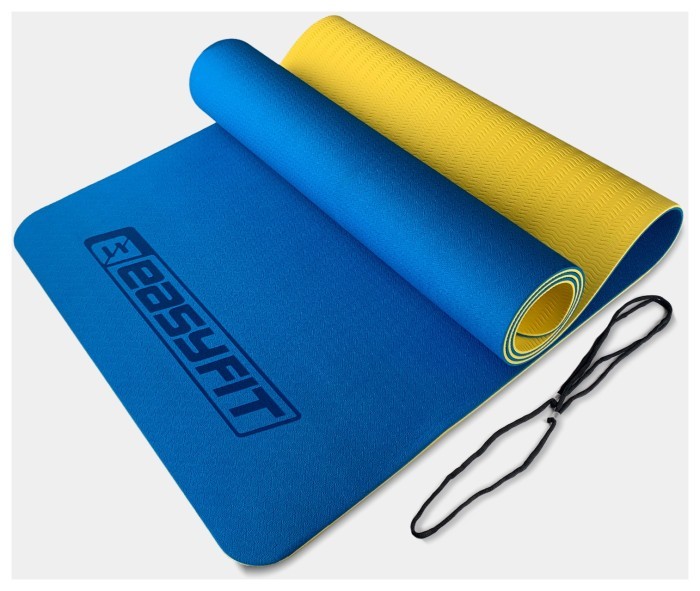Коврик для йоги и фитнеса EasyFit TPE+TC 6 мм двухслойный синий-желтый