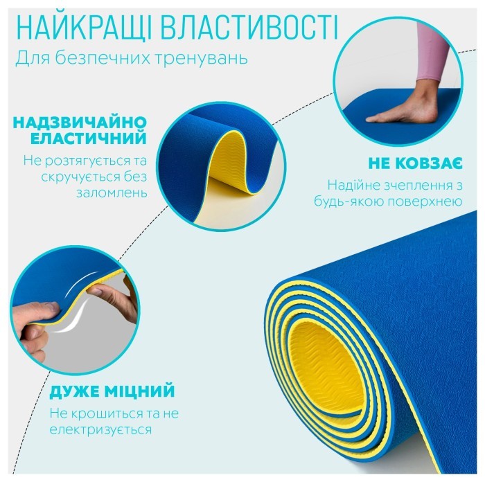 Коврик для йоги и фитнеса EasyFit TPE+TC 6 мм двухслойный синий-желтый