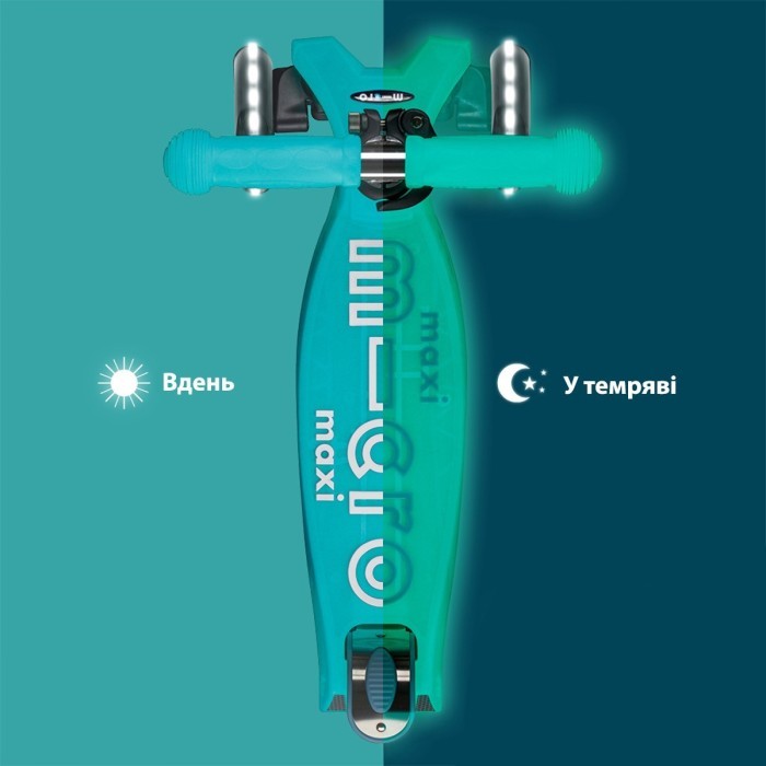 Самокат MICRO серии "Maxi Deluxe Glow LED" – ЖЕЛЕЙНЫЙ ЗЕЛЕНЫЙ (до 50 kg, 3-х колесный, свет)