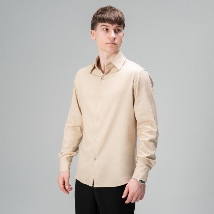 Рубашка мужская Slavni на пуговицах классическая бежевая, Рубашка Slavni Basset из льна на пуговицах бежевая