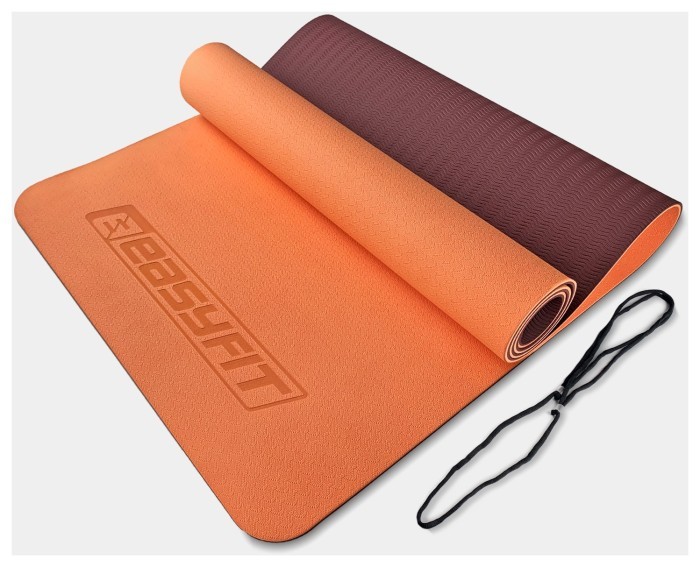 Килимок для йоги та фітнесу EasyFit TPE+TC 6 мм двошаровий персиковий-коричневий, укр, укр