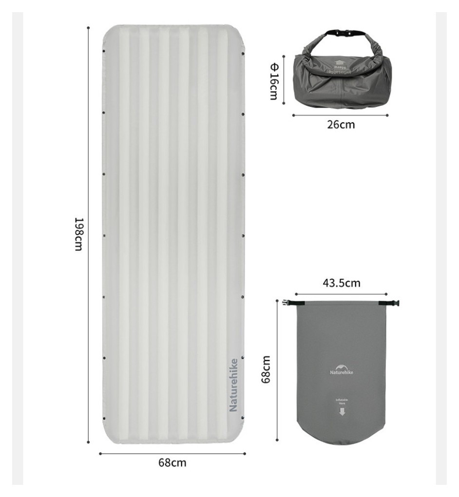 Матрас надувной туристический одноместный Naturehike CNK2450WS034, 198х68х9.5 см, белый, для кемпинга с мешком для надува.