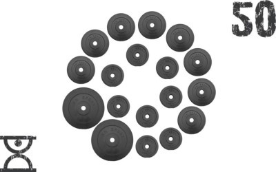 50 кг (2 по 10, 8 по 2,5, 8 по 1.25) дисков, покрытых пластиком (31 мм)