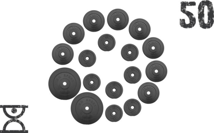 50 кг (2 по 10, 8 по 2,5, 8 по 1.25) дисков, покрытых пластиком (31 мм)