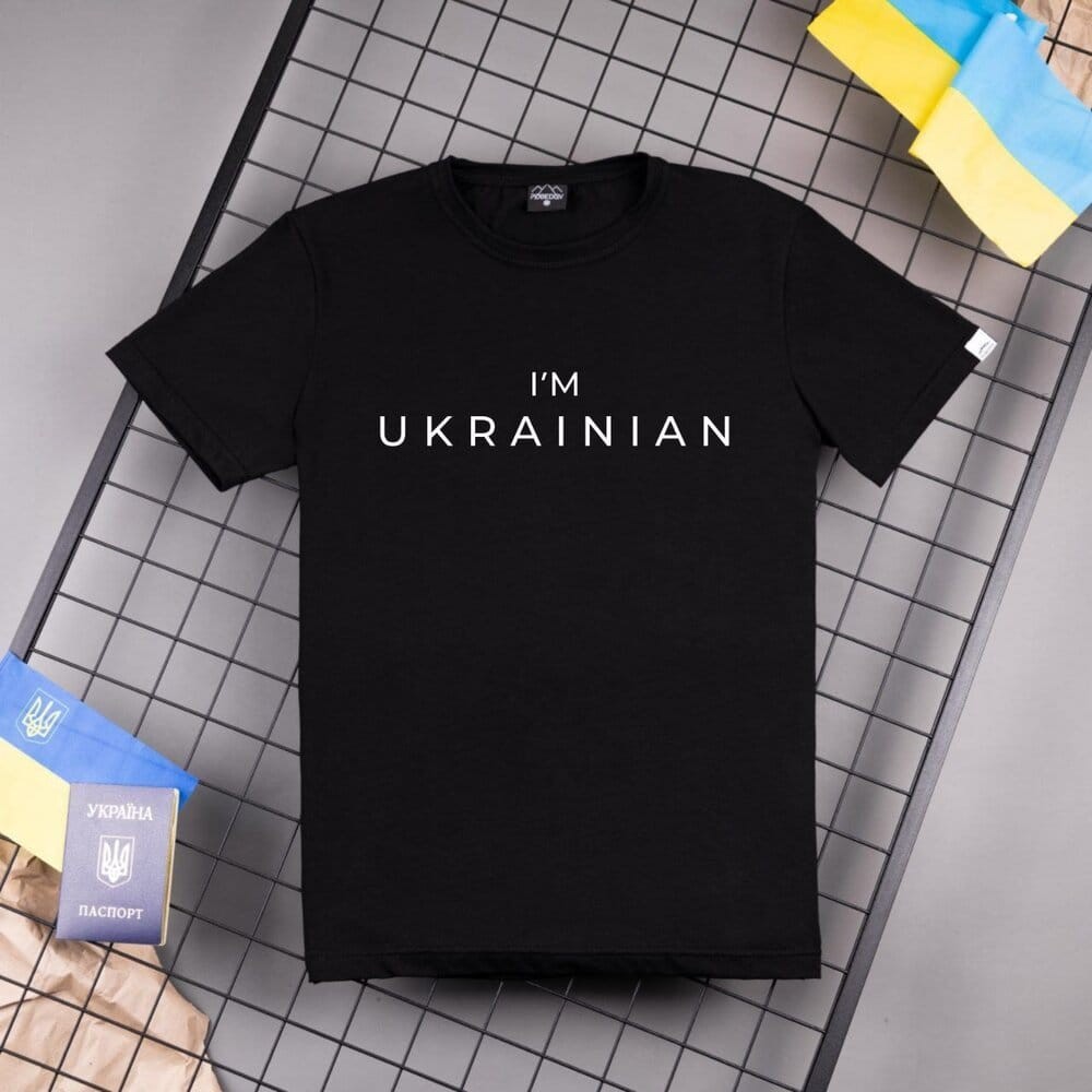 Футболка чоловіча однотонна чорна Pobedov Peremoga - IM UKRAINIAN наклейка біла