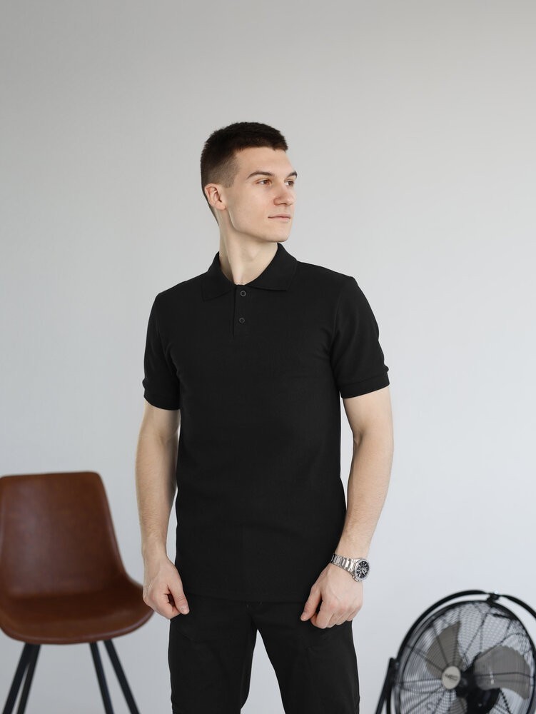 Черная футболка поло весенняя. Легкое летнее мужское черное поло Pobedov Royal Batal