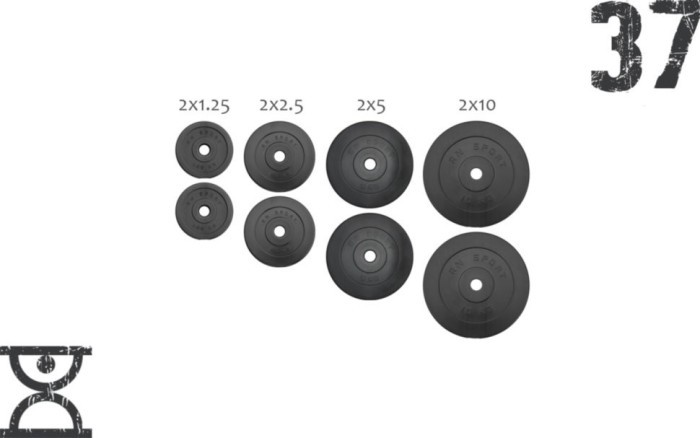37 кг (2х1.25, 2х2.5, 2x5 и 2x10) дисков, покрытых пластиком (31 мм)