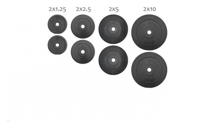 37 кг (2х1.25, 2х2.5, 2x5 и 2x10) дисков, покрытых пластиком (31 мм)