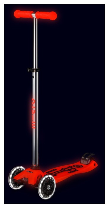 Самокат MICRO серии "Maxi Deluxe Glow LED" – КРАСНАЯ АУРА (до 50 kg, 3-х колесный, свет)