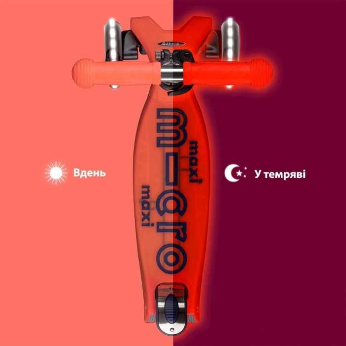Самокат MICRO серии "Maxi Deluxe Glow LED" – КРАСНАЯ АУРА (до 50 kg, 3-х колесный, свет)