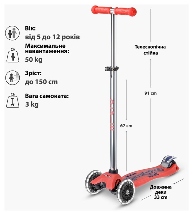 Самокат MICRO серии "Maxi Deluxe Glow LED" – КРАСНАЯ АУРА (до 50 kg, 3-х колесный, свет)