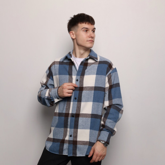 Рубашка в клеточку Сине-черная. Мужская рубашка Pobedov Tartan в клеточку Сине-черная