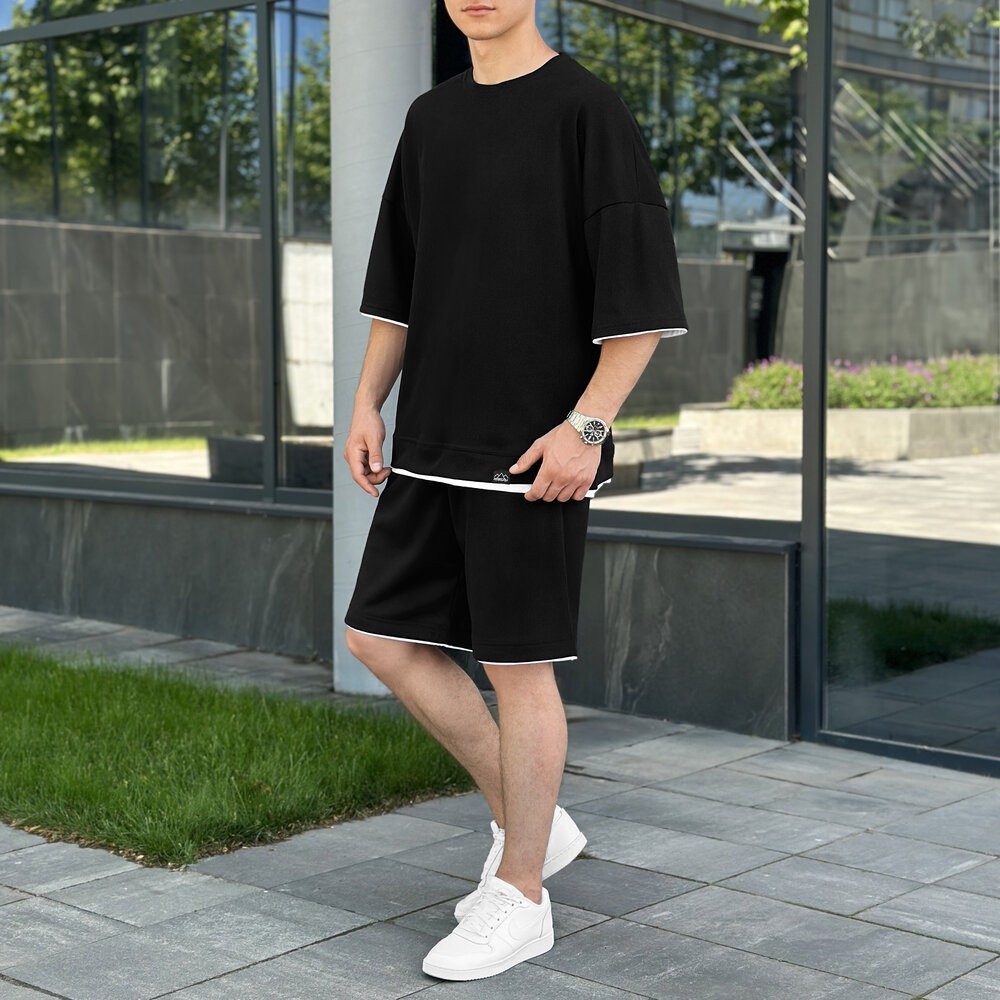 Мужской летний комплект шорты и футболка черный свободного кроя Pobedov Jack