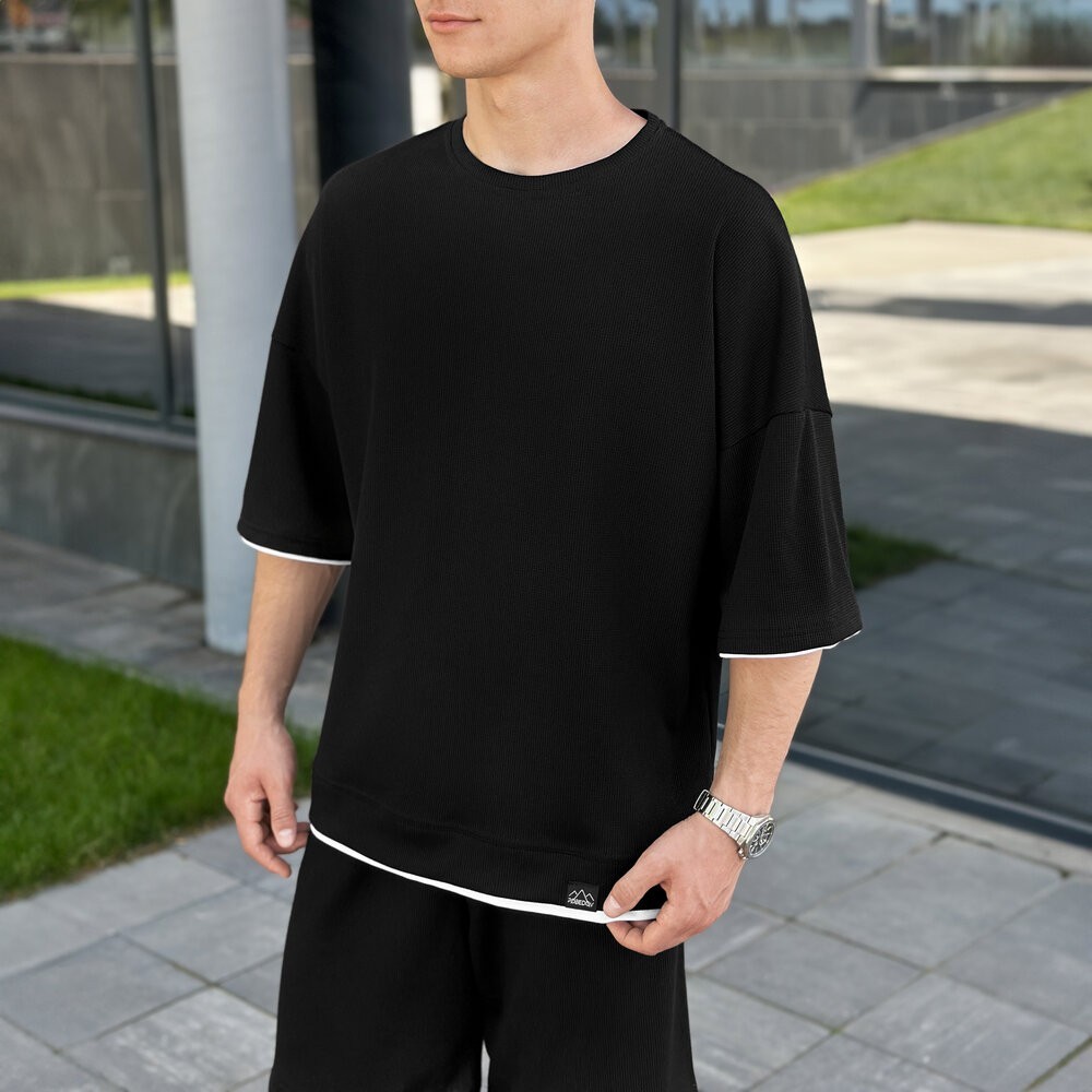 Чоловічий літній комплект шорти і футболка чорний вільного крою Pobedov Jack