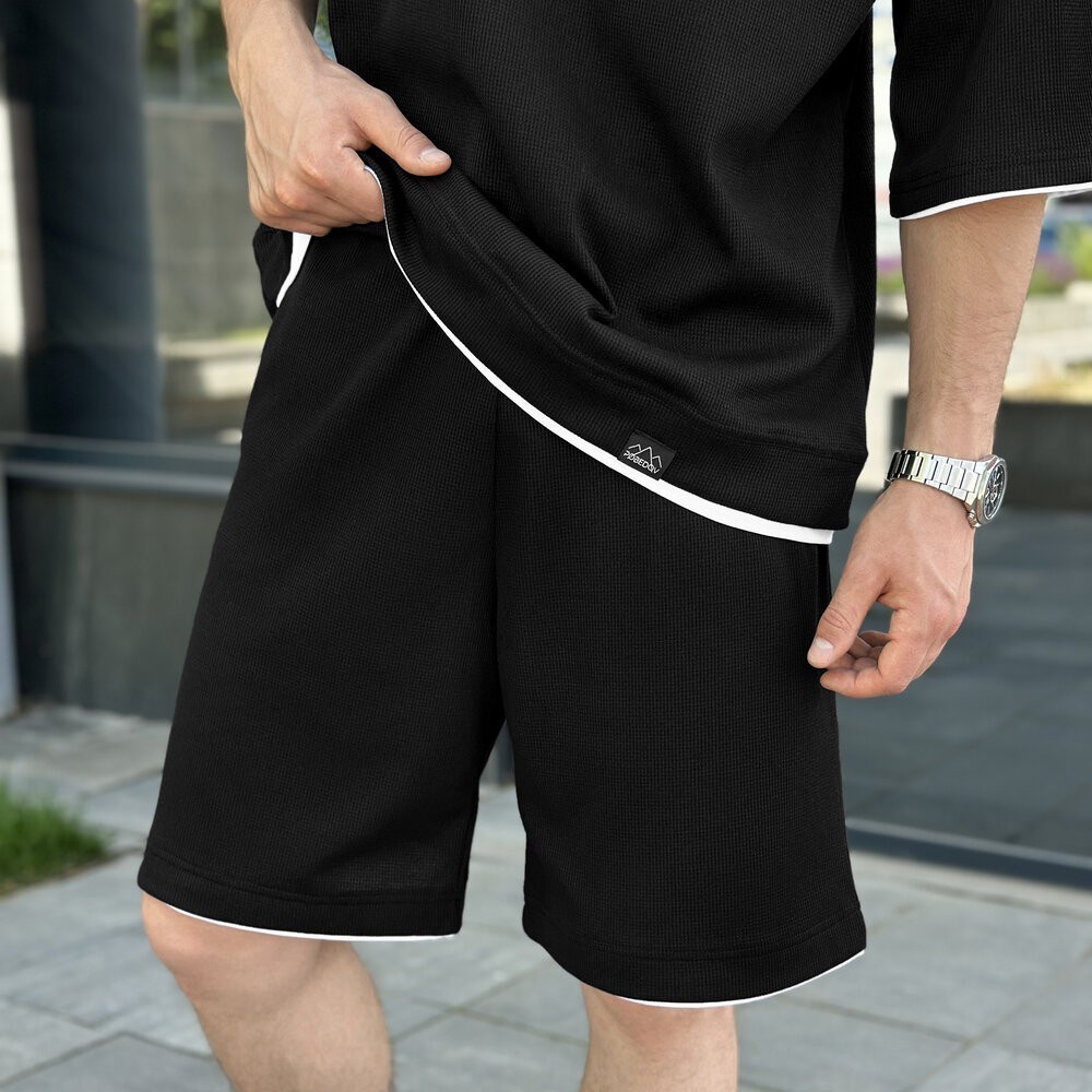 Мужской летний комплект шорты и футболка черный свободного кроя Pobedov Jack