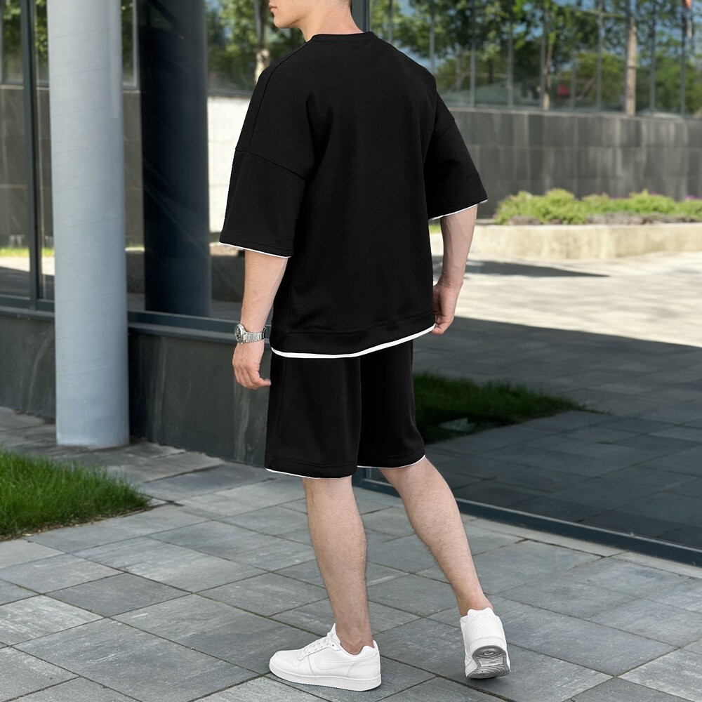 Мужской летний комплект шорты и футболка черный свободного кроя Pobedov Jack