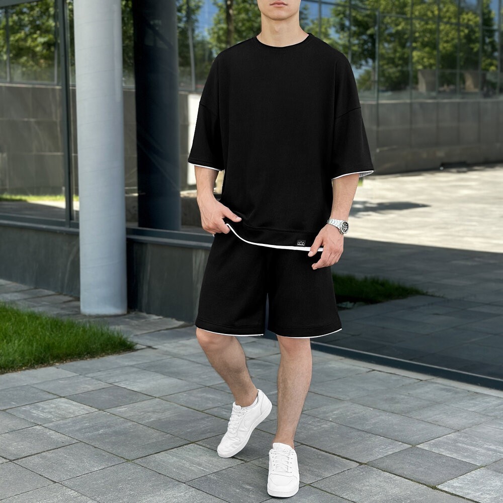 Мужской летний комплект шорты и футболка черный свободного кроя Pobedov Jack