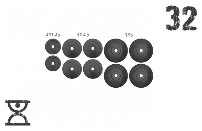 32 кг (4x5, 4х2.5, 2x1.25) дисков, покрытых пластиком (31 мм)