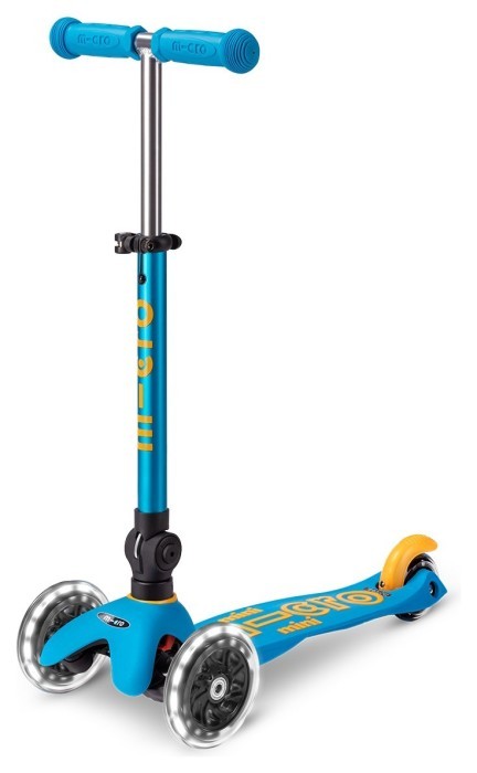 Самокат MICRO серии "Mini Deluxe Foldable LED" – ГОЛУБОЙ ОКЕАН (сложный, до 50 кг (kg), трехколесный, свет)