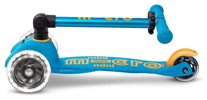Самокат MICRO серии "Mini Deluxe Foldable LED" – ГОЛУБОЙ ОКЕАН (сложный, до 50 кг (kg), трехколесный, свет)