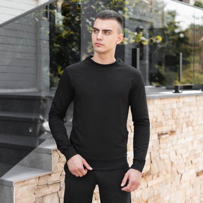 Світшот чоловічий однотонний чорний Pobedov 001, укр, укр