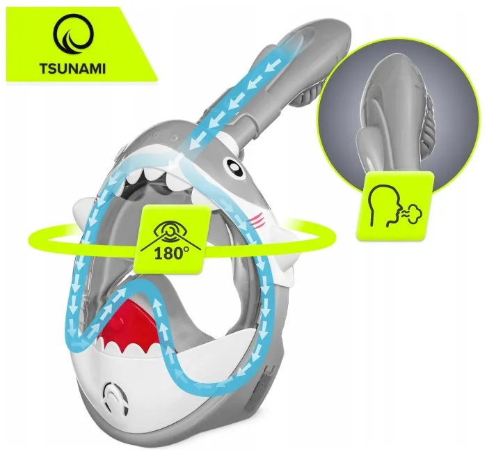 Маска для снорклинга TSUNAMI Shark полнолицевая, детская Grey (P-5905973405447)