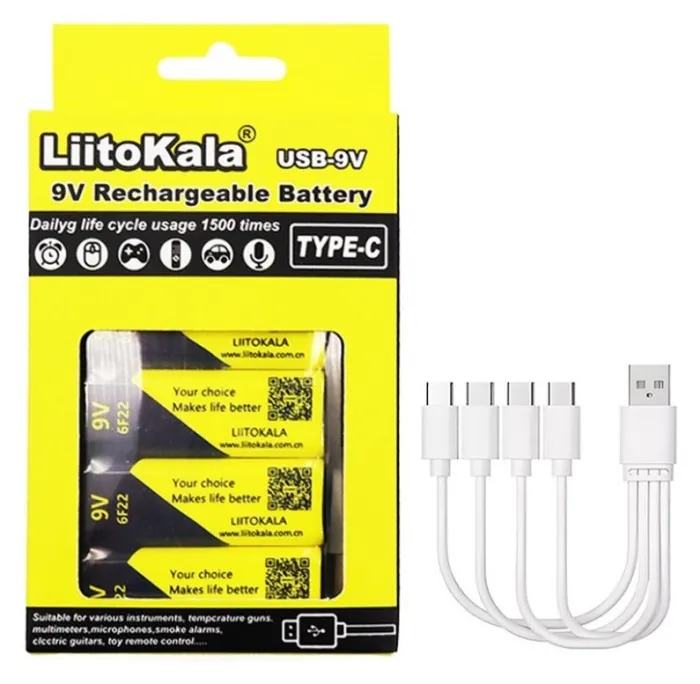 Набор аккумуляторов LiitoKala Lii-USB-9V + USB Type-C кабель зарядки