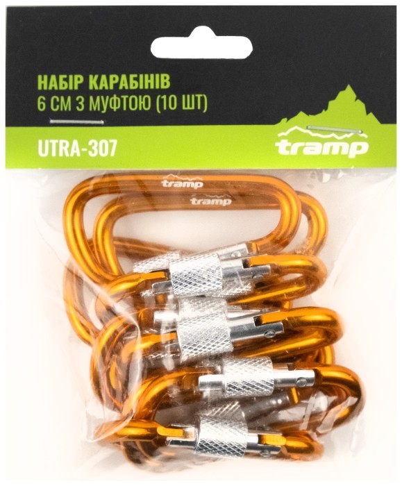 Набор алюминиевых карабинов Трамп 6 см с муфтой UTRA-307-orange (10 шт)