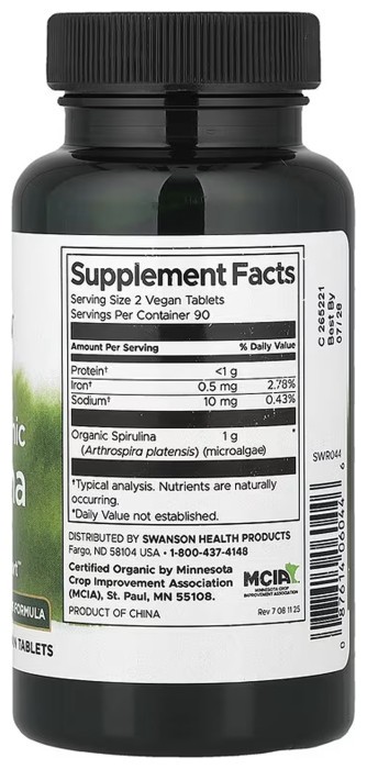 Certified Organic Spirulina 500mg - 180 tabs