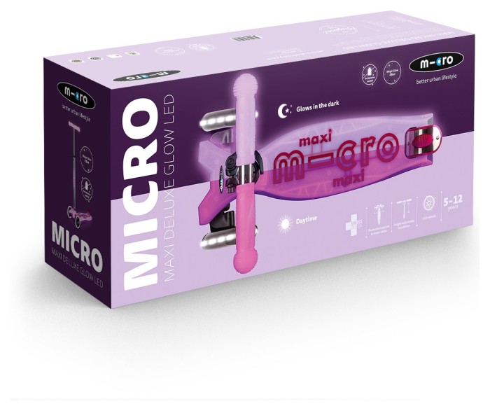 Самокат MICRO серії "Maxi Deluxe Glow LED" – СЯЙНИСТО-ПУРПУРОВИЙ (до 50 kg, 3-х колісний, світло)
