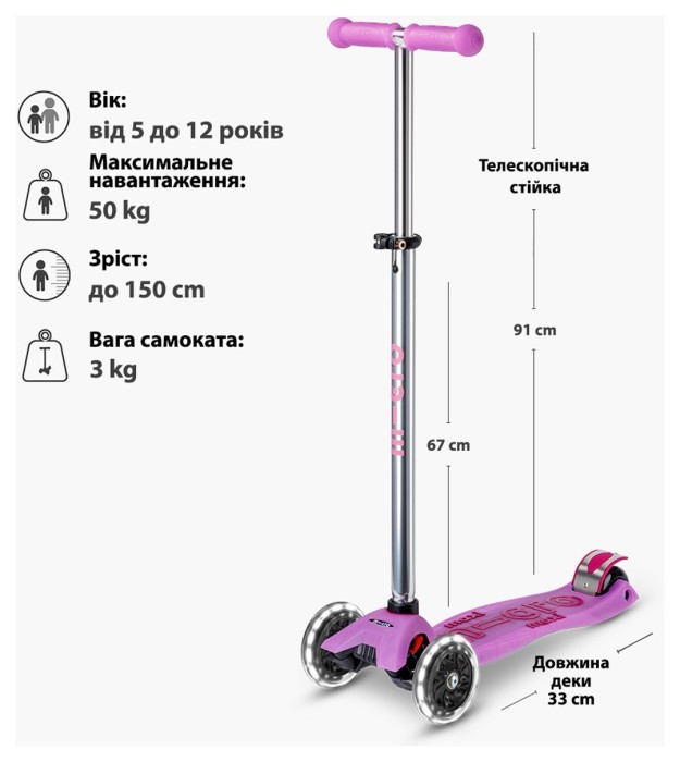 Самокат MICRO серії "Maxi Deluxe Glow LED" – СЯЙНИСТО-ПУРПУРОВИЙ (до 50 kg, 3-х колісний, світло), укр, укр