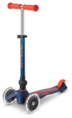 Самокат MICRO серии "Mini Deluxe Foldable LED" – СИНИЙ (сложный, до 50 кг (kg), трехколесный, свет)