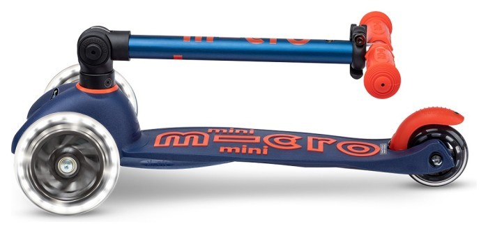 Самокат MICRO серии "Mini Deluxe Foldable LED" – СИНИЙ (сложный, до 50 кг (kg), трехколесный, свет)
