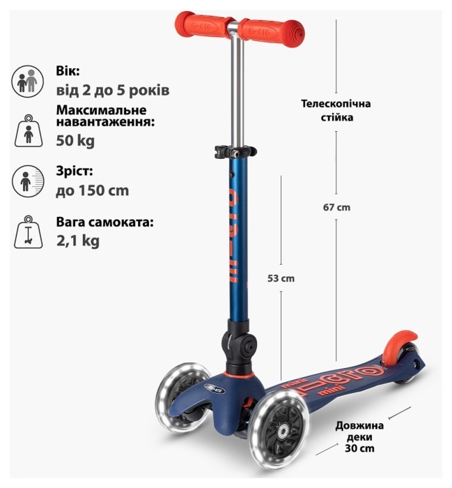 Самокат MICRO серии "Mini Deluxe Foldable LED" – СИНИЙ (сложный, до 50 кг (kg), трехколесный, свет)