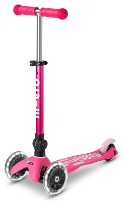 Самокат MICRO серии "Mini Deluxe Foldable LED" – Розовый (сложный, до 50 кг (kg), трехколесный, свет)