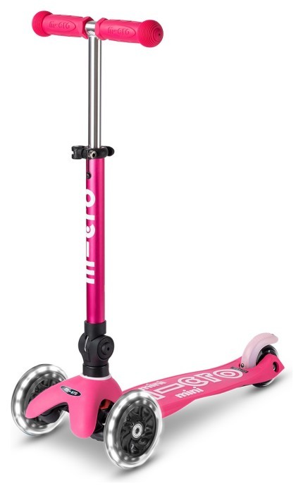 Самокат MICRO серии "Mini Deluxe Foldable LED" – Розовый (сложный, до 50 кг (kg), трехколесный, свет)