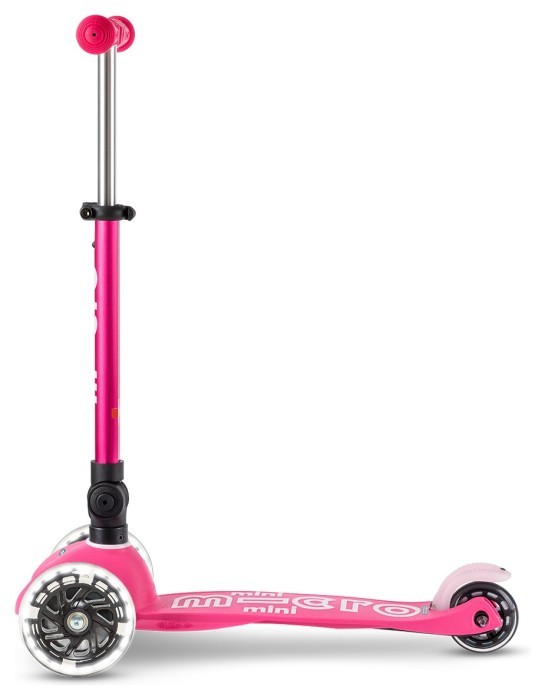 Самокат MICRO серии "Mini Deluxe Foldable LED" – Розовый (сложный, до 50 кг (kg), трехколесный, свет)