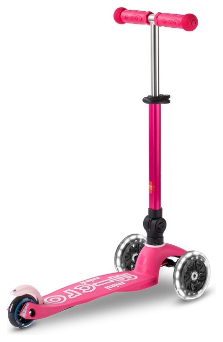 Самокат MICRO серии "Mini Deluxe Foldable LED" – Розовый (сложный, до 50 кг (kg), трехколесный, свет)