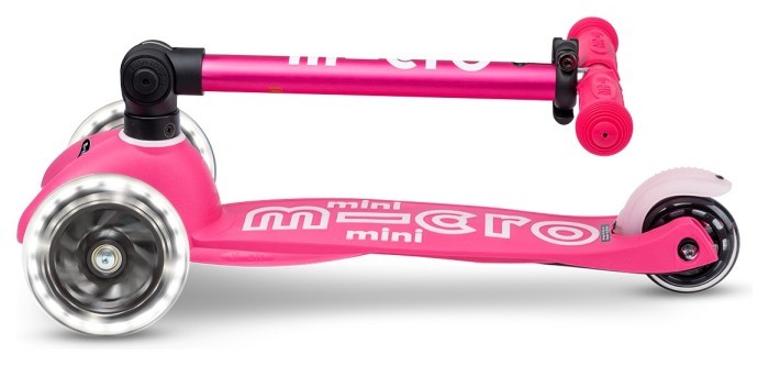 Самокат MICRO серии "Mini Deluxe Foldable LED" – Розовый (сложный, до 50 кг (kg), трехколесный, свет)