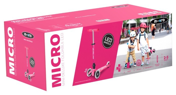Самокат MICRO серии "Mini Deluxe Foldable LED" – Розовый (сложный, до 50 кг (kg), трехколесный, свет)